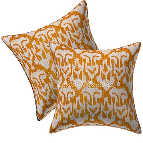 ManionaCrafts Indian Kantha Work Mustard Cotton Cushion Cover 16 X 16 Ikat Throw Pillow