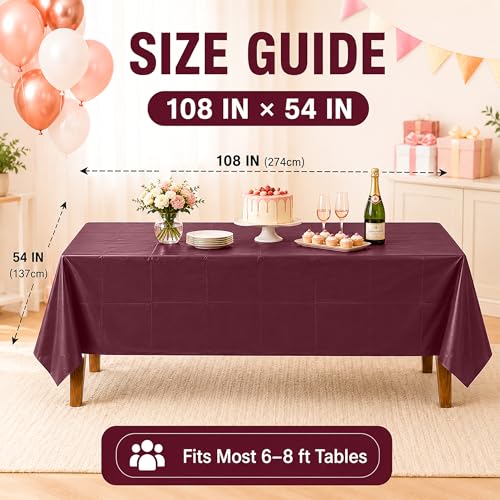 Image of WNINK 2 Pack Burgundy Disposable Plastic Tablecloths, Waterproof Rectangle Table Covers 54 x 108 Inch, Party Tablecloth for Birthday Party, Baby Shower, Wedding, Holiday and Event Decorations