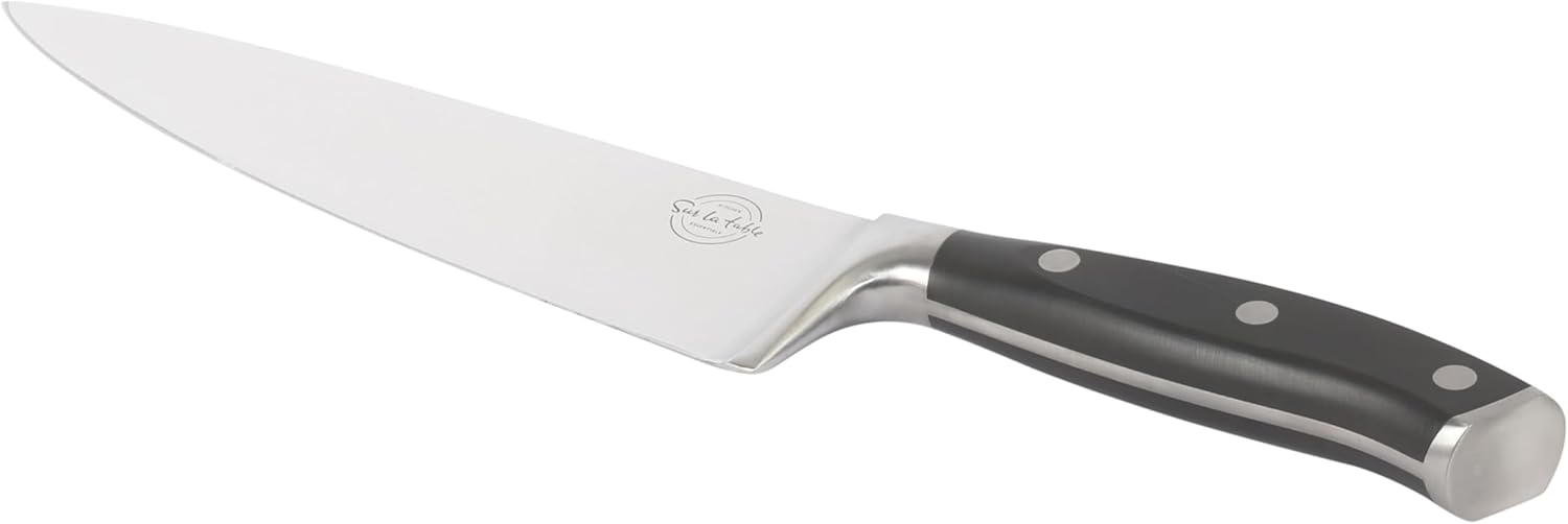 Sur La Table Kitchen Essential Tasting Kitchen German Steel Chef’s Knife, 8-Inch Stainless Steel Blade – Professional Kitchen Knife with Black Handle and Forged Full Tang