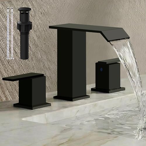 SREEZNX 8 Inch Widespread Bathroom Faucets 3 Hole, Modern Aesthetic Waterfall Sink Faucet with Pop Up Drain & Supply Lines, Anti-Splashing & Stain-Resistant Matte Black Vanity Faucet for RV & Remodel by SREEZNX - Used condition - US$56.99