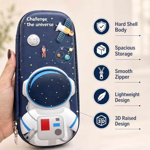 Image of Goyal's 3D Astronaut Geometry Pencil Pouch for Kids Boys Girls | Hard Shell EVA Pencil Case | Large Capacity Double Layer Geometry Box with Pen Slots & Mesh Pocket | Waterproof School Organizer