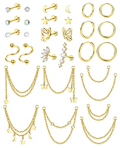 20G Cartilage Earrings Set For Women Men Stainless Steel Small Huggie Hoop Earring Flatback Star Moon Butterfly CZ Cartilage Stud Earrings Chain Dangle Cartilage Helix Tragus Piercing Jewelry