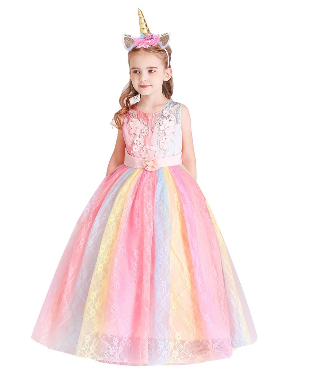 IZKIZF Girls Unicorn Costume Princess Long Maxi Tulle Dress w/Headband Birthday Party Carnival Cosplay Dress Up Outfits