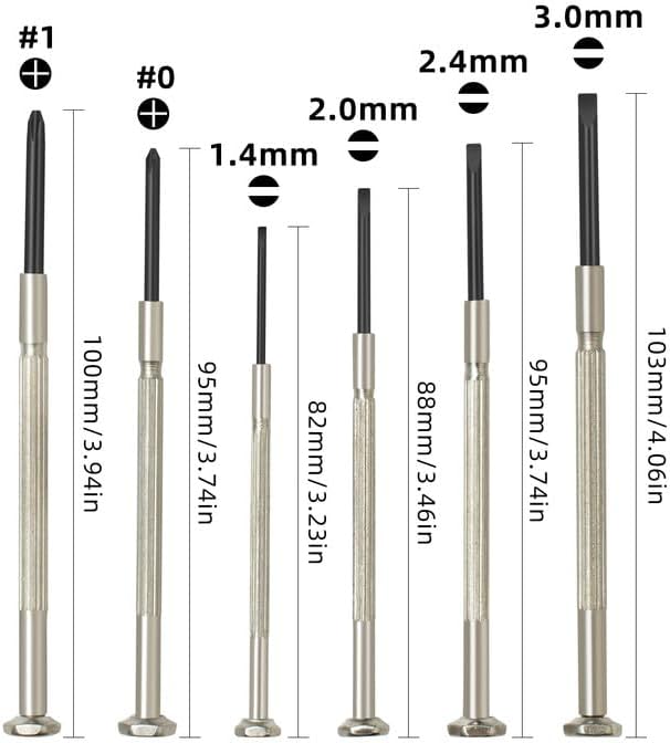 6pc precision screwdriver set, includes 2 cross sizes (#0,#1); 4 flat head sizes(1.4 mm, 2.0 mm, 2.4 mm, 3.0 mm)
