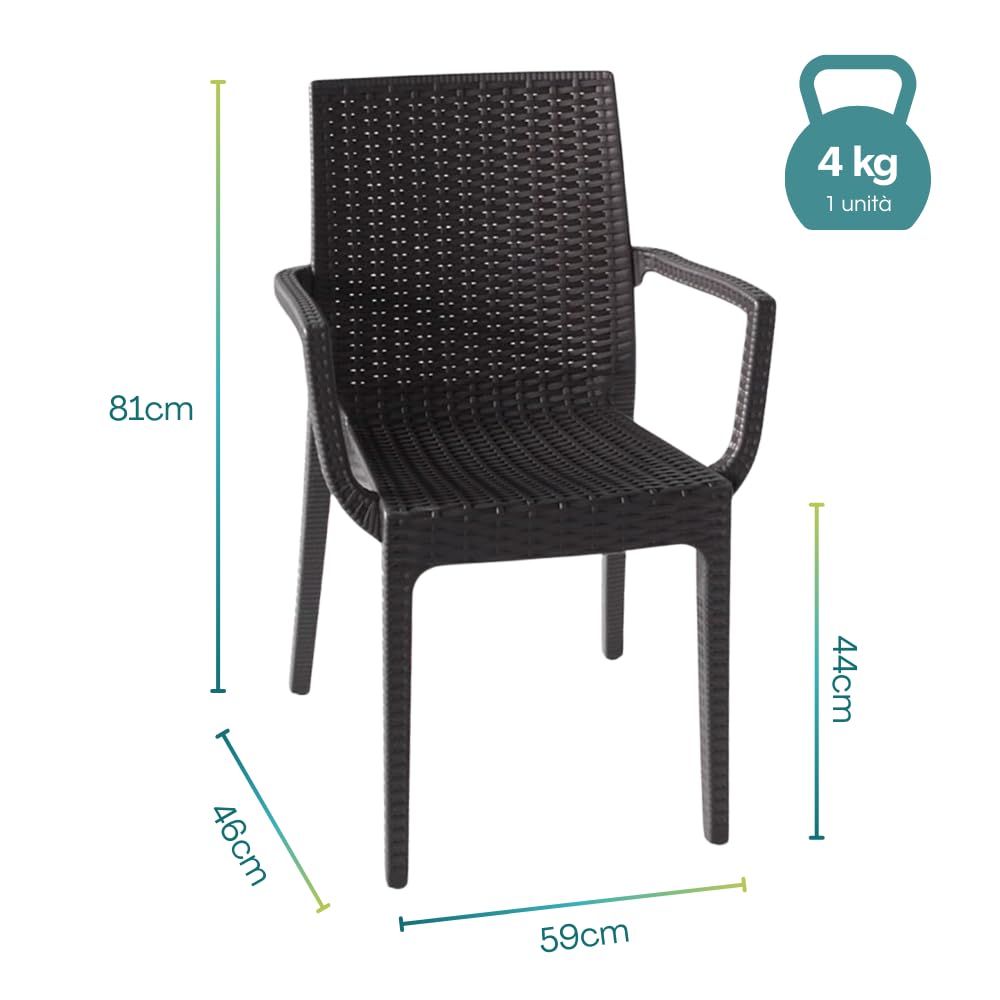 PALUPLUS Set 4 Sedie da Giardino con Braccioli in Polipropilene effetto Rattan ANTRACITE 56x46x81 cm Sedia Impilabile per Esterno ed Interno Made in Italy
