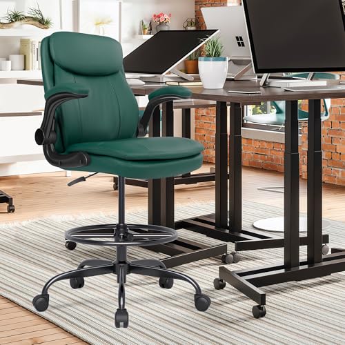 Image of Misolant Drafting Chair, Tall Office Chair for Standing Desk, High Leather Executive Office Chair with Adjustable Height and Flip-up Armrest for Counter Height Desk Green