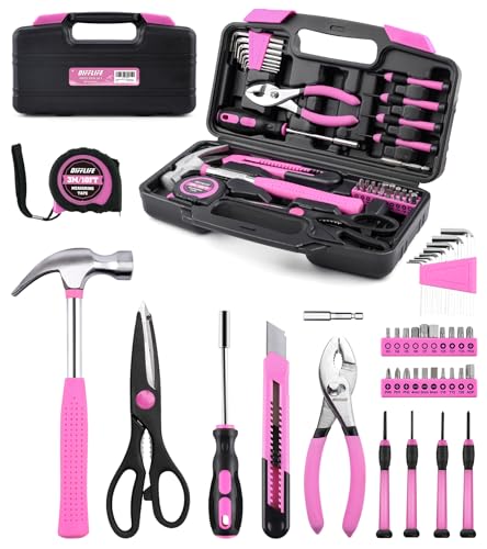 DIFFLIFE Tool Set Pink-40 Piece - General Household Hand Tool Kit with Plastic Toolbox Storage...