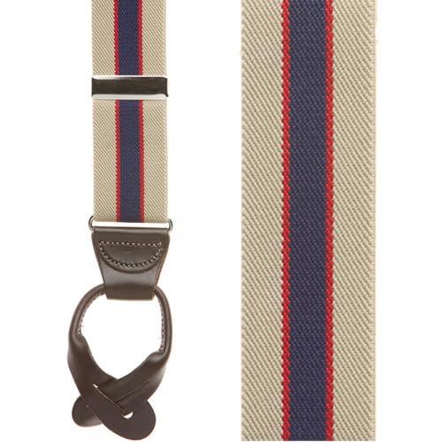 Suspender Store Khaki/Navy Striped Button Suspenders - 1.5 Inch Wide 42" For 5'0" To 5'9" Tall #TOP1