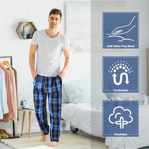Image of 3 Pack Mens Cotton Pajamas Pants Lounge Pjs Bottoms Sleepwear Bottoms Soft Pants with Pockets Drawstring(Blue, Black,L,Plaid)
