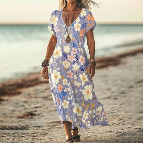 Mediterranean Dresses Linen Casual Dresses for Women Flowy V Neck Short Sleeve Lightweight Summer Beach Vacation Clothes2