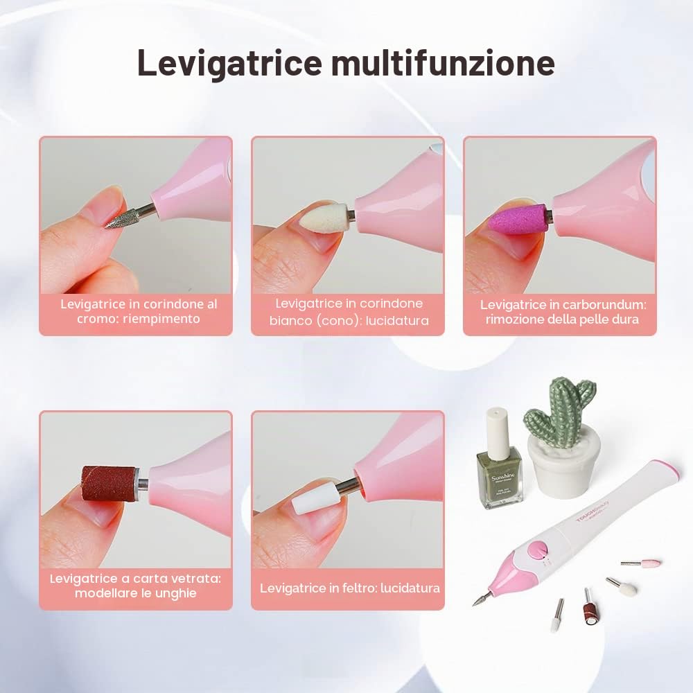 Fresa per Unghie,TOUCHBeauty Lima per Unghie Elettrica con 10 Accessori,Set Manicure e Pedicure Elettrico Kit con UV Lampade LED e Supporto, Portatile,Senza Fili AG-1335R(Rosa)