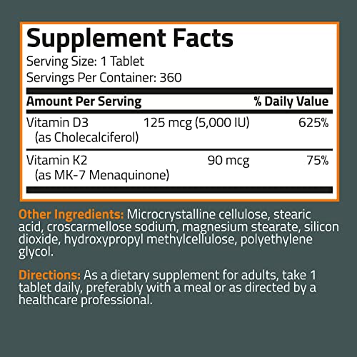 Bronson Vitamin K2 D3 (Mk7) Supplement Non-Gmo Formula 5000Iu (125 Mcg) Vitamin D3 & 90 Mcg Vitamin K2 Mk-7 Easy To Swallow Vitamin D & K Complex, 360 Tablets #TOP7
