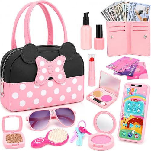 Pretend Play Purse for Little Girls Toddler Purse with Pretend Makeup Toys for Toddlers Princess Pretend Play Purse Toys with Accessories Kids Purse Toy Birthday Gift for Girls Age 3 4 5 6+