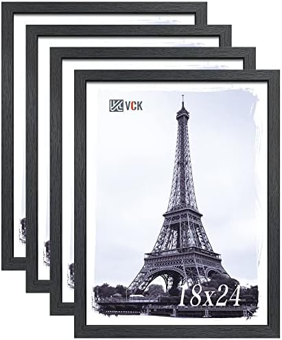 VCK 18x24 Poster Frame Set of 4 - Black, Textured Exclusive Solid Wood Picture Frames with Polished Plexiglass, Wall Hanging