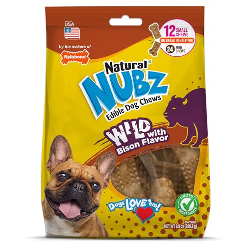 Nylabone Nubz Wild Natural Dog Chew Treats for Small Dogs, Long Lasting Dog Chew Bones Made in USA, Bison Flavor, Small Dog Bones for Dogs Up to 25 lbs. (12 Count)