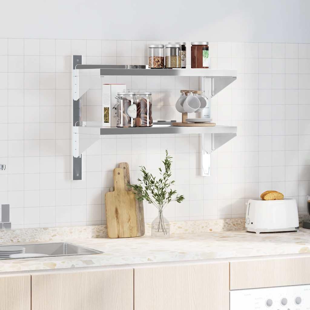 Estantería de pared con 2 estantes, 75 x 30 x 60 cm, acero inoxidable plateado, resistente a la corrosión, montaje en pared, para cocina o garaje