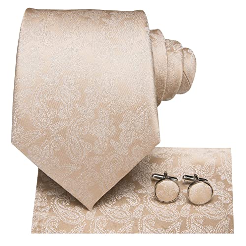 Hi-Tie Champagne Khaki Tie Paisley Silk Mens Neckties With Pocket Square Cufflinks For Wedding Business Party #TOP1