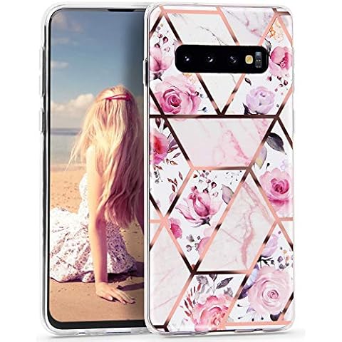 Imikoko for Samsung S10 Case Bling Glitter Sparkle Marble Rose Gold Splice With Flower Design Glossy TPU Soft Personalised Phone Case for Samsung Galaxy S10 6.1 Inch- White Flower Cover