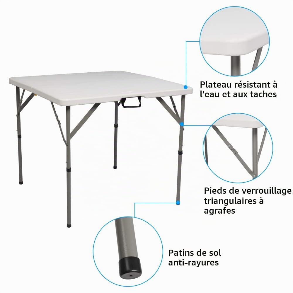 Bonnlo Table de Camping Pliante avec Poignée,Table de Jardin Carrée en Plastique, Extérieure et Intérieure 86 * 86 * 74 cm pour Pique-Nique Jardin Blacon Cuisine Brocante (Blanc)