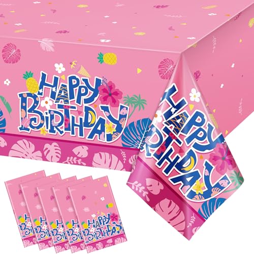 Image of Oudain 5 Pcs Cartoon Birthday Party Disposable Tablecloth Decoration Hawaiian Hibiscus Tropical Leaves Pattern Table Cloths 108'' x 54'' Luau Plastic Waterproof Rectangular Covers for Party (Pink)