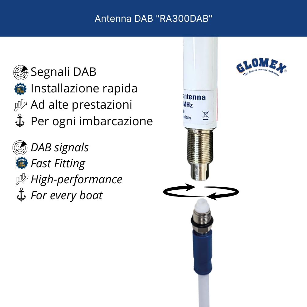 Glomex – Antenna Marina DAB GLOMEASY 1,2 m nera, Modello RA300DAB/BK – Installazione Rapida Fast Fitting, per barche a vela, motore, gommoni, yacht – Ricezione Digitale Affidabile