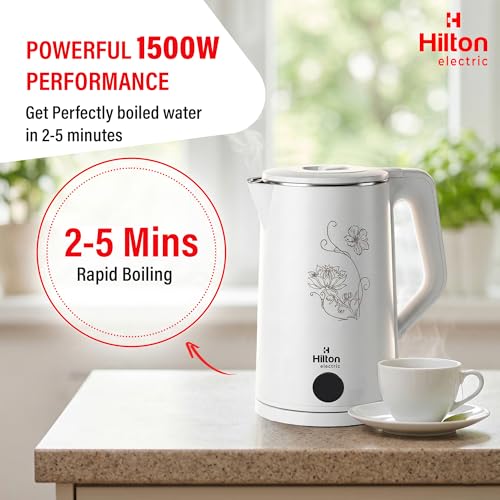 Image of Hilton Premium White 2 Litre Electric Kettle | 1500-Watt with Stainless Steel Body, Cool Touch Handle, Auto Switch-off Mechanism for Boiling Water, Tea, Coffee & instant noodles