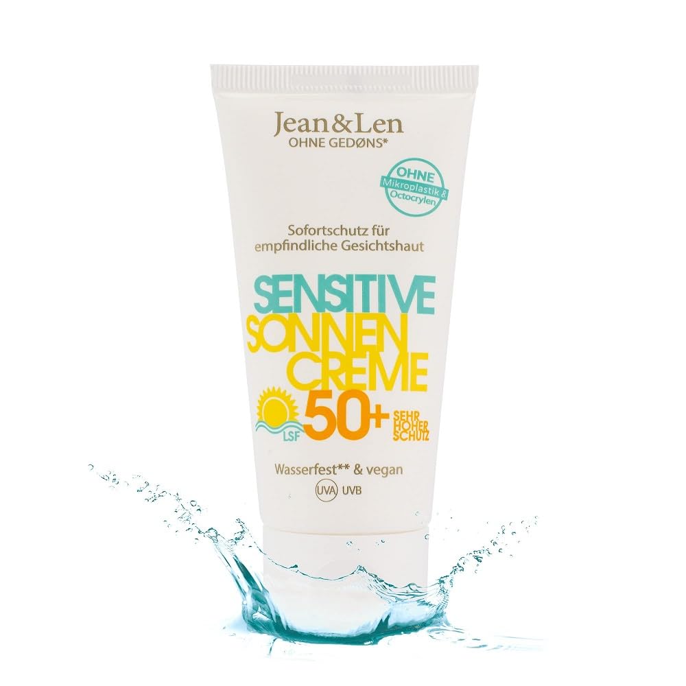 Jean & LenSun Cream 50 SPF Waterproof,Made in Germany,100% Vegan Sun Protection without Silicone, Parabens and Octocrylene,Sun Cream Face for Allergy Sufferers and Sensitive Skin,50 ml Travel Size