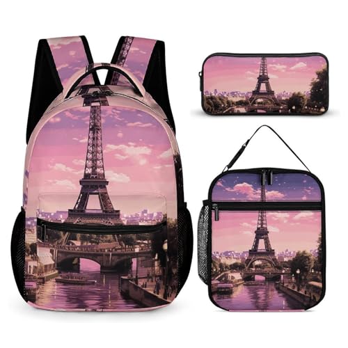 Pink Paris Backpack Set Lightweight Bag Lunch Box Pencil Bags for Women Men Bookbags 3 in 1 - Main Image