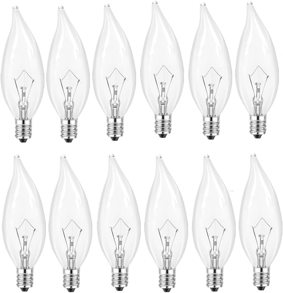 12PC Candelabra Light Bulbs, 60 Watt Clear Candelabra Base,Flame Shaped Incandescent Chandelier Light Bulbs, E12 B10 with Warm White 2700K, 600 Lumen Dimmable, 120V Ceiling Fan