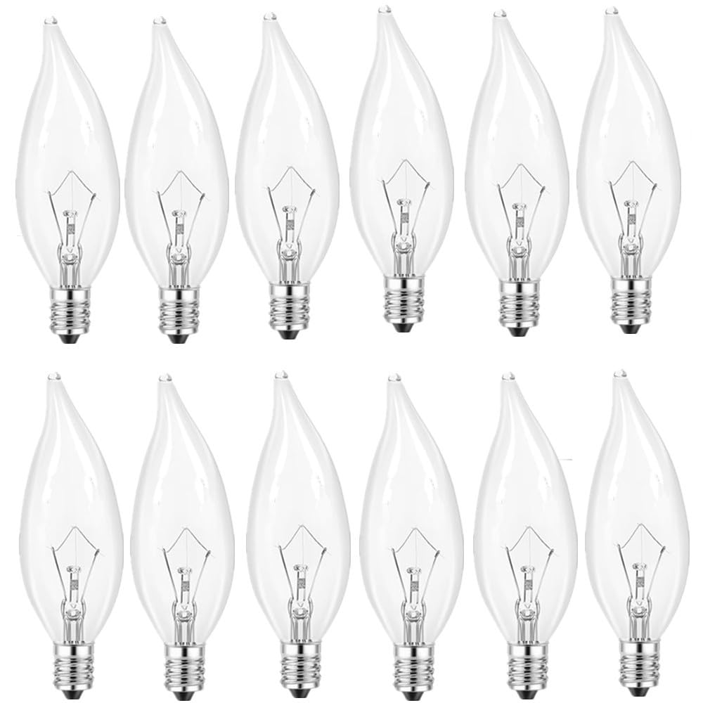 12PC Candelabra Light Bulbs, 60 Watt Clear Candelabra Base,Flame Shaped Incandescent Chandelier Light Bulbs, E12 B10 with Warm White 2700K, 600 Lumen Dimmable, 120V Ceiling Fan
