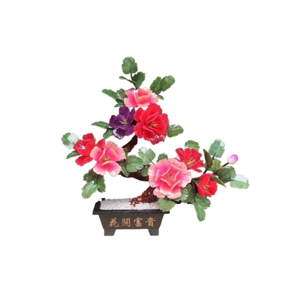 CHENGAIJIAN Artificial Bonsai Tree, Jade Peony Bonsai Ornament, Handmade Carved Potted Plant, TV Cabinet Decoration(Red)