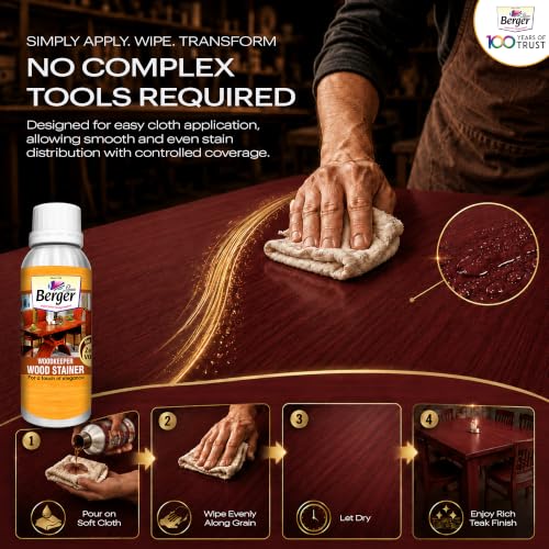 Image of BERGER Wood Keeper Red Brown Wood Stain with Leakproof Bottle & Easy Cloth Application Transparent Solvent-Based Stainer for Home Office Furniture Surfaces Shine and Finish (Pack of 1, 100ML)