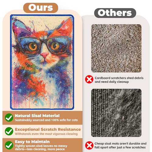 LESISSMER Sisal Cat Scratcher Mat, Cat Wall Scratcher for Indoor Cats, 23.6x15.7 Inch Cat Scratch Pad with Hook & Loop, Wall Mounted Cat Scratching Post to Protect Couch and Carpet（Graffiti Cat） — view 4