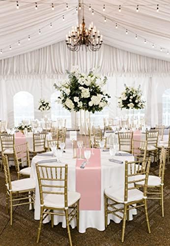 Round Tablecloth and Table Runner Set, 2 Pack 84" White Disposable Table Covers Waterproof Round Plastic Table Cloth and 2 Pack 12" x 108" Rose Gold Satin Table Runners for Parties Birthday Picnic