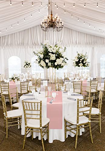 6 Pack Round Plastic Tablecloth 84" White Disposable Table Covers Waterproof Circle Party Table Cloths For Round Tables And 6 Pack 12"X108" Rose Gold Satin Table Runners For Parties Birthday Picnic #TOP6