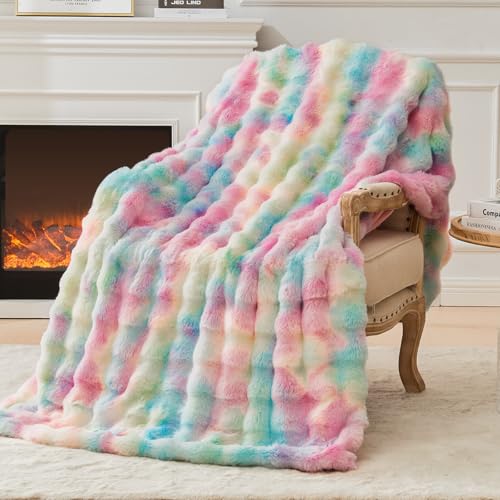 Image of EMME Faux Rabbit Fur Bubble King Blanket, Tie Dye Rainbow 108 inch x 90 inch