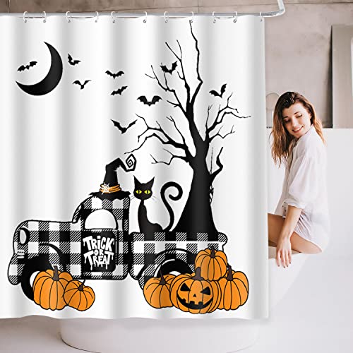 Halloween Shower Curtains For Bathroom Fall Shower Curtains Pumpkin Buffalo Check Plaid Truck Black Cat Halloween Decoration Shower Curtain Set With Hooks 72 X 72 Inches #TOP6