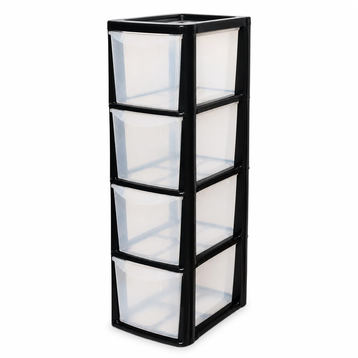 ORYNTO Medium Rattan Effect Plastic Storage Drawers Tower Spacious Plastic Drawers Organizer Unit for Home Office Bedroom Garage Durable Stylish Multi Purpose Storage Drawers (4 Tier, Black Clear)