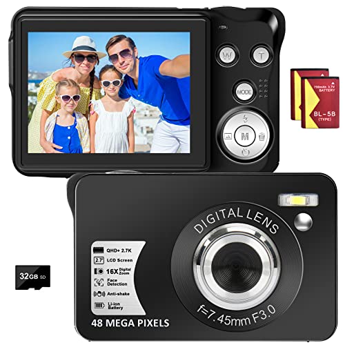 Digitalkamera, Kompakte Vlogging-Kamera mit SD-Karte 48MP 2.7K/20FPS 2.7-Zoll-LCD-Bildschirm Anti-Shake Photoflash Selfile für Kinder Teenager Anfänger Geschenk (Schwarz) Cover