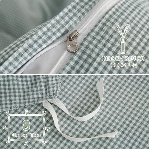 Image of TOCOMOA Mini Gingham Green Duvet Cover Bedding Set 100% Washed Cotton Like Linen Feel Super Soft Comfortable 3 Piece Small Plaid Checkered Comforter Cover Set (Queen 90 inchx90 inch, Comforter Not Included)