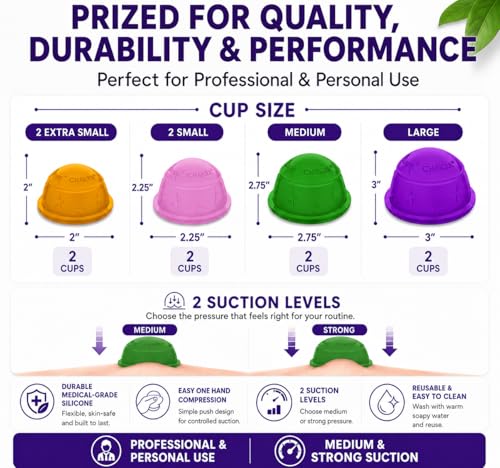 Image of Lure Essentials Cupping Therapy Set 8 Professional Silicone Cupping Cups for Muscle Knots, Joints, Muscles, Arms and Feet
