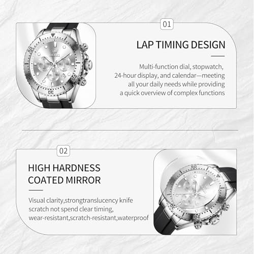 Image of OLEVS Men's Watches Sport Chronograph Analog Quartz Watch for Men with Date Waterproof Dress Casual Fashion Watch Soft Silicone Rubber Strap Band, Unidirectional Bezel & 42mm Big Face