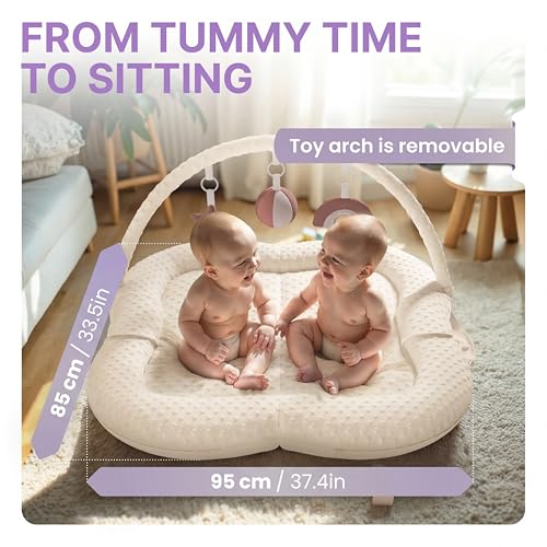 Image of Twins Baby Play Mats for Floor Activity Gym - 5-in-1 Support Cushion Baby Play Mat Tummy Time Mat for Supervised Bonding with Arch, Plush Toys, Flashcards & Developmental Book - Beige