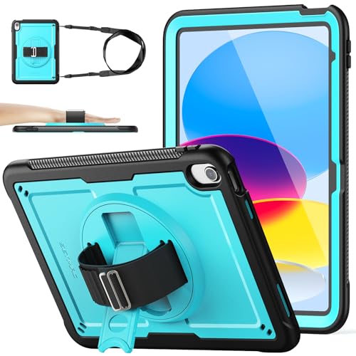 SEYMAC stock Funda para iPad A16 11ª/10ª Generación 11''/10,9'' 2025/2022, Funda Resistente con Protector de Pantalla [Soporte/Correa de Mano Giratorio de 360°] y Bandolera, Negro/Azul Claro