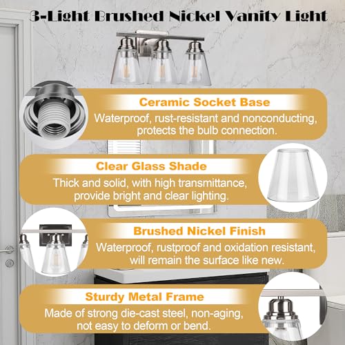 Image of Brushed Nickel 3 Light Bathroom Vanity Light Set,5 Piece Brushed Nickel Bathroom Light Accessories Set,Brushed Nickle 3 Light Bathroom Vanity Fixture with Hardware Set