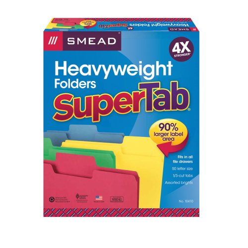 Smead SuperTab Heavyweight File Folder, Oversized 1/3-Cut Tab, Letter Size, Assorted Colors, 50 per Box (10410)