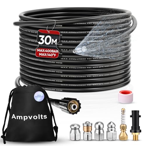 Ampvolts 30M Desatascador de Tuberías a Presión - 400 Bar/5800 PSI, 5 boquillas Compatible con Hidrolimpiadoras Karcher K2 K3 K4 K5 K6 K7 - Limpia Fácilmente Tuberías y Desagües Obstruidos