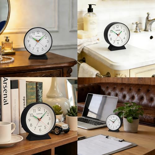 Image of 4.5 Inch Small Silent Analog Alarm Clock, Retro Battery Operated Desk Clock with Night Light Stays On 4 Seconds Vintage Metal Table Clock for Bedside, Nightstand, Bedroom, Office, Bathroom - Black