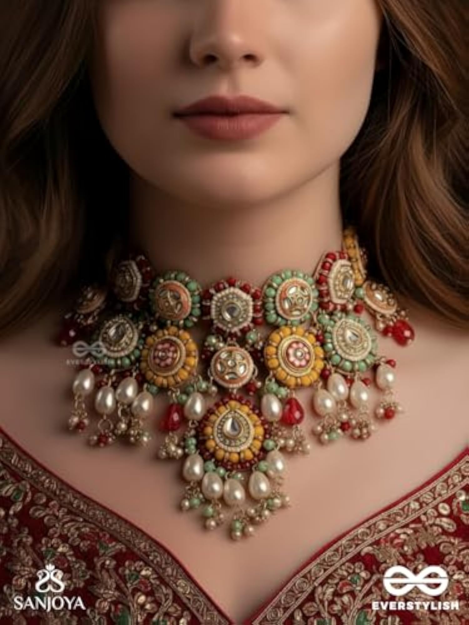 Women's Multi Color Enamelled Kundan Necklace with Pearls
