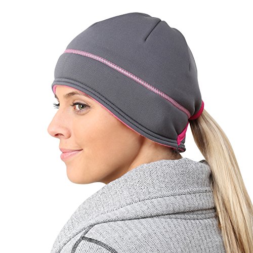 TrailHeads Women’s Winter Ponytail Beanie | Performance Running Hat | Reflective Power Beanie - Cold Smoke Grey/Silver